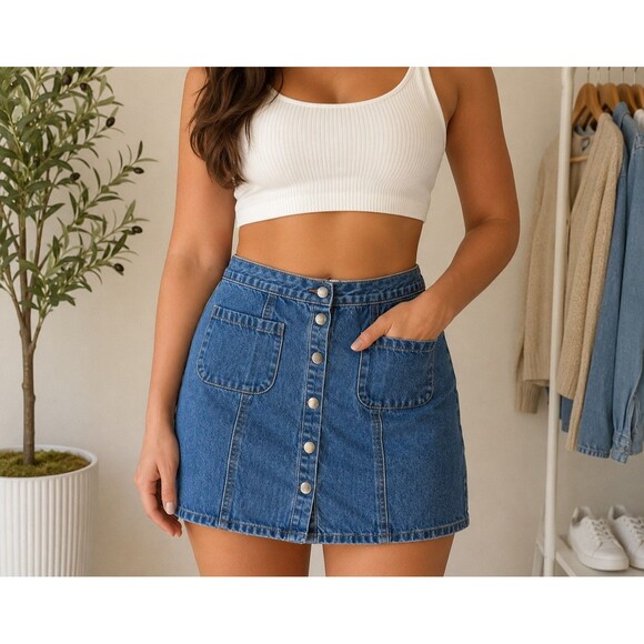 BDG Dresses & Skirts - BDG Denim Skirt Medium Wash Blue Jean Snap Button Up With Pockets Women's Size M